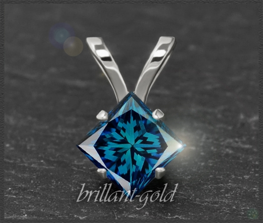 Diamant 585 Gold Anhänger, blau, Prinzess-Schliff